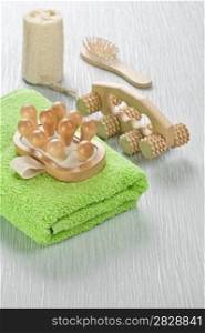 wooden objects towel and bath sponge