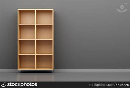 wooden office cabinet shelf in front of gray wall. 3d illustration. wooden office cabinet shelf in front of gray wall. 3d illustrati