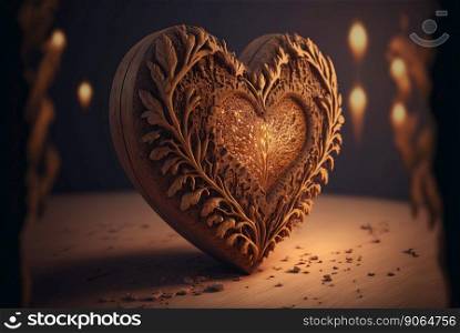 Wooden ornate hearts on table. Valentine’s day carved hearts. Generative AI.. Wooden ornate hearts on table. Valentine’s day carved hearts. Generative AI