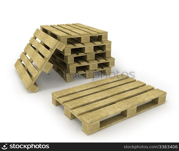 Wooden pallet and stack of pallets isolated on white background