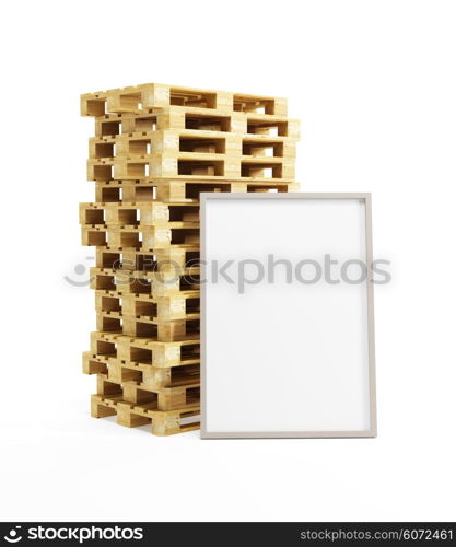 wooden pallets with blank billboard, isolated on white