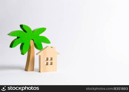 Wooden palm tree and hut on a white background. Conceptual leisure and vacation. Rental homes and properties in the resort. Romantic travel. Entertainment and relaxation.