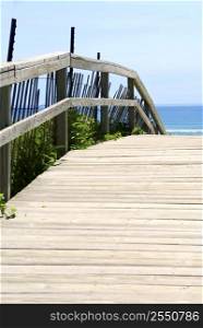 Wooden path over sand dunes with ocean view