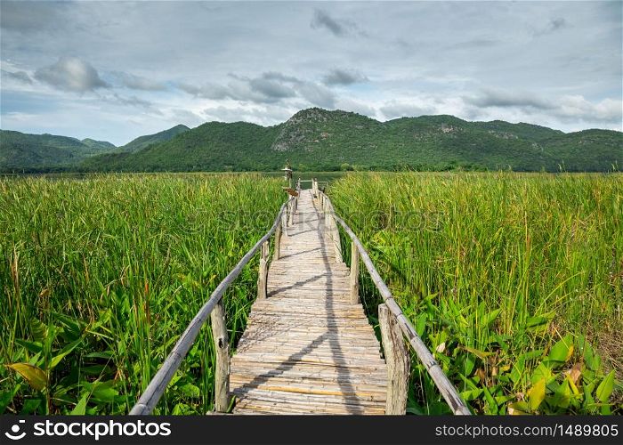 Wooden path with mountain and blue sky