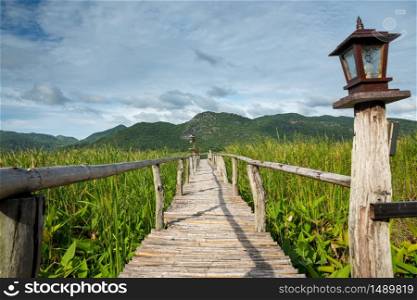 Wooden path with mountain and blue sky