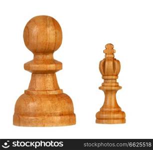 Wooden pawns team with it?s king isolated on a white background