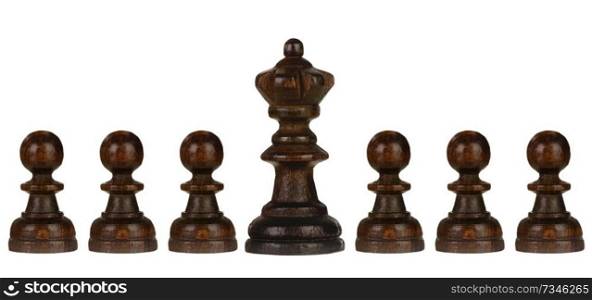 Wooden pawns team with the queen isolated on a white background