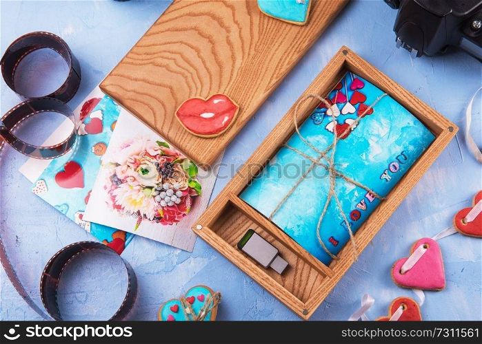 Wooden photo box with photo for Wedding Day. Romantic love, and wedding day concept.. Wooden photo box with photo for Wedding Day.