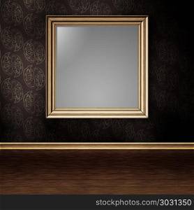 Wooden photoframe. Old grunge room with wooden photo frame background.