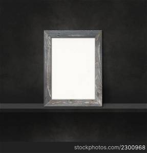 Wooden picture frame leaning on a black shelf. 3d illustration. Blank mockup template. Square background. Wooden picture frame leaning on a black shelf. 3d illustration. Square background