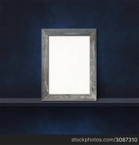 Wooden picture frame leaning on a black shelf. 3d illustration. Blank mockup template. Square background. Wooden picture frame leaning on a black shelf. 3d illustration. Square background