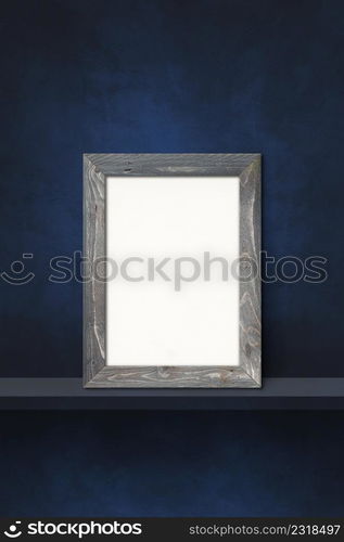 Wooden picture frame leaning on a black shelf. 3d illustration. Blank mockup template. Vertical background. Wooden picture frame leaning on a black shelf. 3d illustration. Vertical background