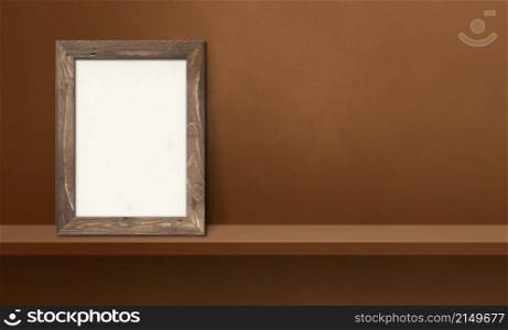 Wooden picture frame leaning on a brown shelf. 3d illustration. Blank mockup template. Horizontal banner. Wooden picture frame leaning on a brown shelf. 3d illustration. Horizontal banner