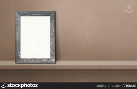 Wooden picture frame leaning on a brown shelf. 3d illustration. Blank mockup template. Horizontal banner. Wooden picture frame leaning on a brown shelf. 3d illustration. Horizontal banner