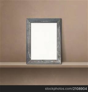 Wooden picture frame leaning on a brown shelf. 3d illustration. Blank mockup template. Square background. Wooden picture frame leaning on a brown shelf. 3d illustration. Square background