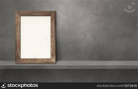 Wooden picture frame leaning on a grey shelf. 3d illustration. Blank mockup template. Horizontal banner. Wooden picture frame leaning on a grey shelf. 3d illustration. Horizontal banner