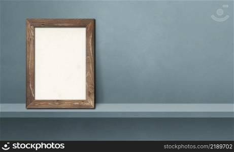Wooden picture frame leaning on a grey shelf. 3d illustration. Blank mockup template. Horizontal banner. Wooden picture frame leaning on a grey shelf. 3d illustration. Horizontal banner