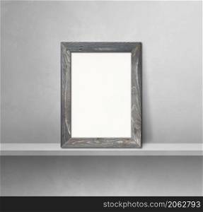 Wooden picture frame leaning on a grey shelf. 3d illustration. Blank mockup template. Square background. Wooden picture frame leaning on a grey shelf. 3d illustration. Square background