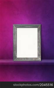 Wooden picture frame leaning on a purple shelf. 3d illustration. Blank mockup template. Vertical background. Wooden picture frame leaning on a purple shelf. 3d illustration. Vertical background