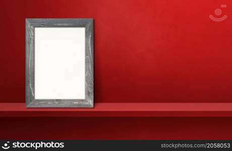 Wooden picture frame leaning on a red shelf. 3d illustration. Blank mockup template. Horizontal banner. Wooden picture frame leaning on a red shelf. 3d illustration. Horizontal banner