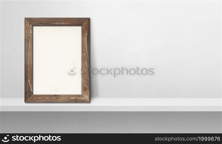 Wooden picture frame leaning on a white shelf. 3d illustration. Blank mockup template. Horizontal banner. Wooden picture frame leaning on a white shelf. 3d illustration. Horizontal banner