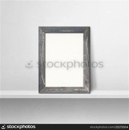 Wooden picture frame leaning on a white shelf. 3d illustration. Blank mockup template. Square background. Wooden picture frame leaning on a white shelf. 3d illustration. Square background