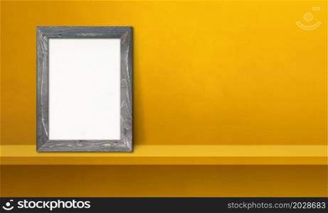 Wooden picture frame leaning on a yellow shelf. 3d illustration. Blank mockup template. Horizontal banner. Wooden picture frame leaning on a yellow shelf. 3d illustration. Horizontal banner