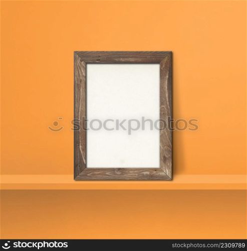 Wooden picture frame leaning on orange shelf. 3d illustration. Blank mockup template. Square background. Wooden picture frame leaning on orange shelf. 3d illustration. Square background