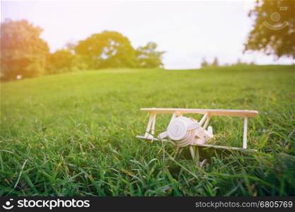 Wooden plane toy on green grass over blue sky with copyspace
