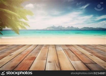 Wooden planks tab≤troπcal beach. Vacation nature. Ge≠rate Ai. Wooden planks tab≤troπcal beach. Ge≠rate Ai