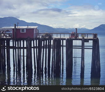 Wooden Platform near the Crab Station Restaurant,Icy Strait Point, Hoonah, Alaska, USA . Icy Strait Point, Hoonah, Alaska, USA