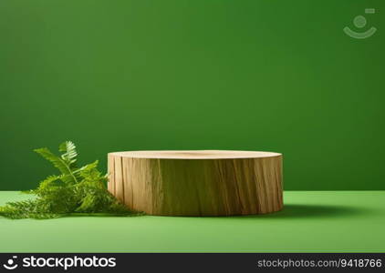 Wooden podium on green background. 3d render, 3d illustration.