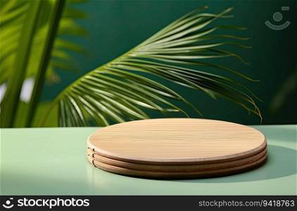 Wooden podium on green background with palm leaves. 3d render