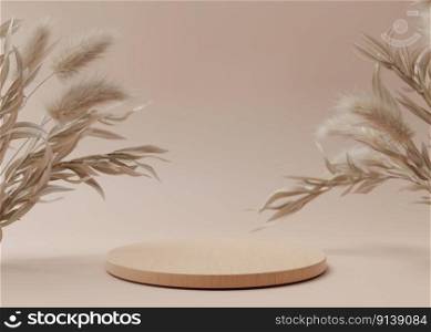 Wooden podium with dried grass on the brown background. 3D rendering. Elegant podium for product, cosmetic presentation. Natural mock up. Pedestal or platform for beauty products. Wooden podium with dried grass on the brown background. 3D rendering. Elegant podium for product, cosmetic presentation. Natural mock up. Pedestal or platform for beauty products.