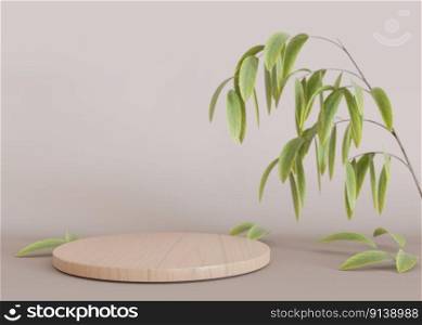Wooden podium with leaves and plants on beige background. Podium for product, cosmetic presentation. Natural mock up. Pedestal or platform for beauty products. Empty scene with copy space. 3D render. Wooden podium with leaves and plants on beige background. Podium for product, cosmetic presentation. Natural mock up. Pedestal or platform for beauty products. Empty scene with copy space. 3D render.