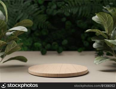 Wooden podium with leaves and plants on the background. Podium for product, cosmetic presentation. Natural mock up. Pedestal or platform for beauty products. Empty scene. 3D rendering. Wooden podium with leaves and plants on the background. Podium for product, cosmetic presentation. Natural mock up. Pedestal or platform for beauty products. Empty scene. 3D rendering.
