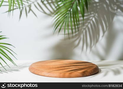 Wooden podium with leaves and shadows. Realistic wood platform for product presentation. Minimal nature scene with pedestal mockup. cosmetic display or award ceremony. Wooden podium for product