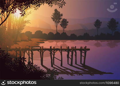 Wooden port at the edge of the marsh Natural forest mountains horizon trees Landscape wallpaper Sunrise and sunset Illustration vector style Colorful view background