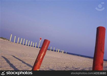Wooden posts on the beach, Texas, USA