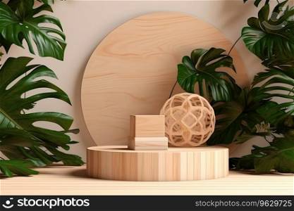 Wooden product display podium with blurred nature leaves on green background 3d rendering