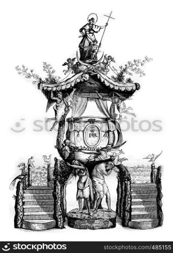Wooden pulpit in the church of St. Gudule, seventeenth century, vintage engraved illustration. Magasin Pittoresque 1836.