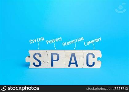 Wooden puzzle blocks with abbreviation SPAC  Special purpose acquisition company . Simplified listing of company, merger bypassing stock exchange IPO. Assessment of benefits and risks of investments