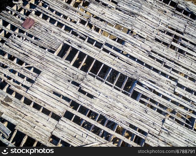 Wooden roof of an abandoned gold mine mill - aerial view
