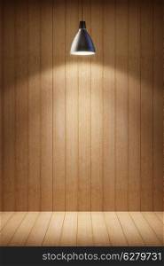 wooden room interior with lamp at night