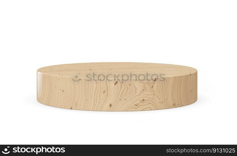 Wooden round podium isolated on white background. Natural stage for product, cosmetic presentation. Mock up. Pedestal or platform for beauty products. Empty scene. Display, showcase. 3D rendering. Wooden round podium isolated on white background. Natural stage for product, cosmetic presentation. Mock up. Pedestal or platform for beauty products. Empty scene. Display, showcase. 3D rendering.