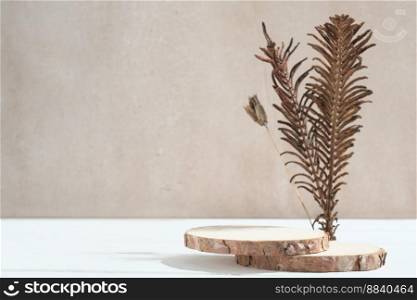 wooden round podium with dry grass decor. empty scene for product presentation, stand for packaging or marketing advertising. wooden round podium with dry grass decor. empty scene for product presentation, stand for packaging or marketing advertising. 