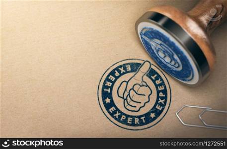 Wooden Rubber Stanp over brown cardboard background with the text expert printed in blue color. Concept of professional advice and industrial expertise. 3D illustration. Professional Expertise, Expert Advice.