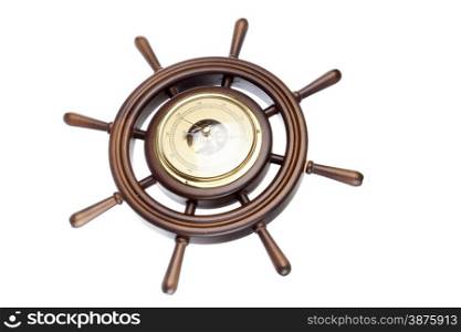 Wooden rudder with barometer on white background