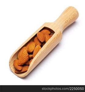 Wooden Scoop full of Almond nuts isolated on a white background. High quality photo. Wooden Scoop full of Almond nuts isolated on a white background