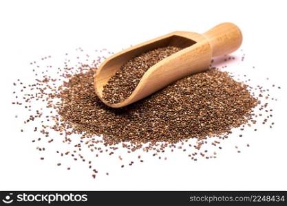 Wooden scoop of organic natural chia seeds close-up isolated on white background. High quality photo. Wooden scoop of organic natural chia seeds close-up isolated on white background